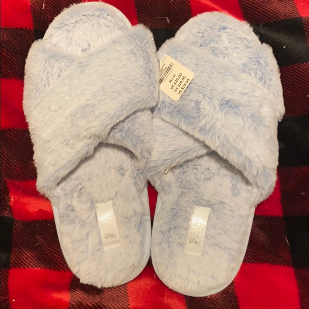 PINK blue fuzzy slippers NEW